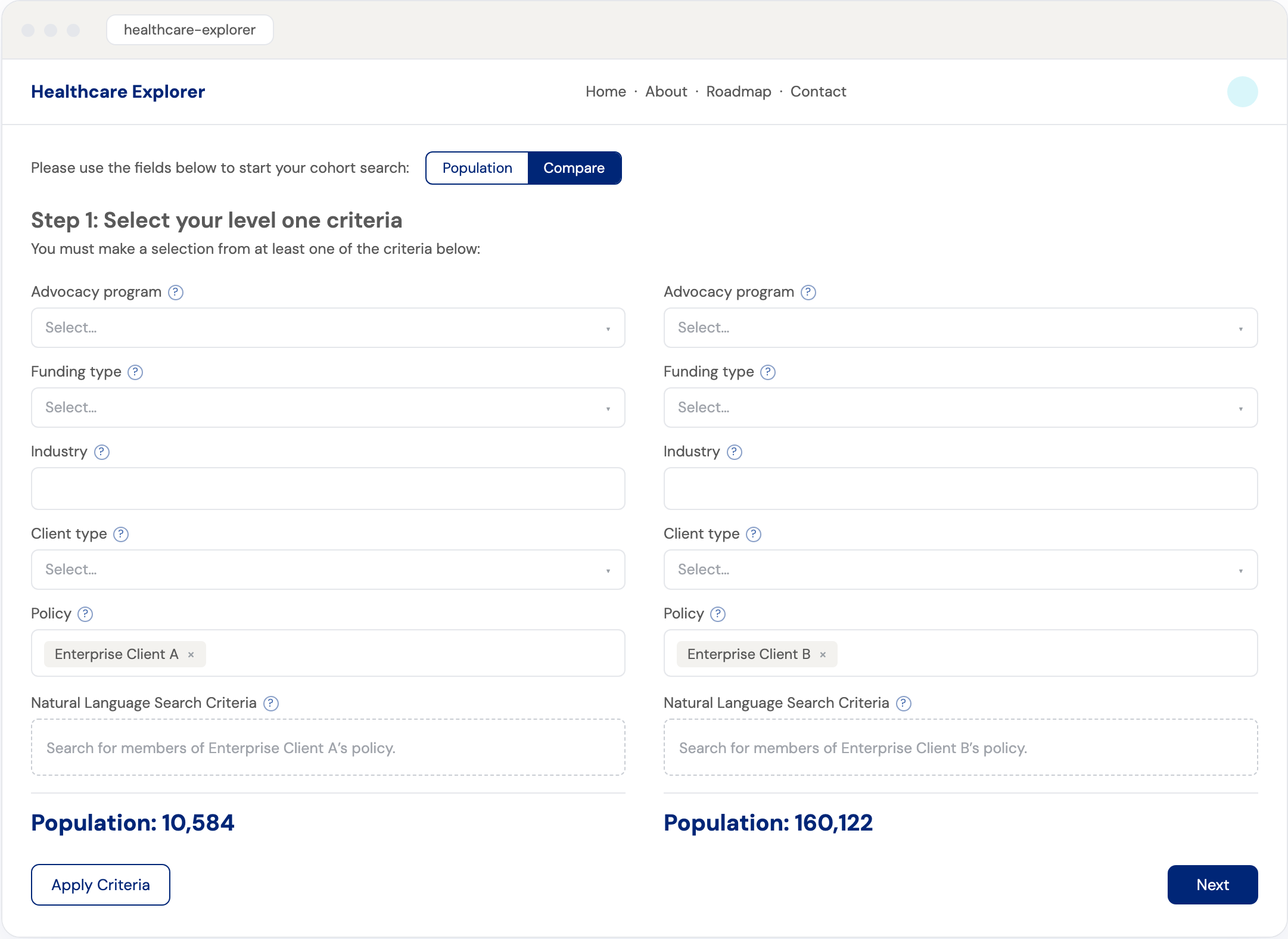 Recreation of the redesigned cohort builder — comparing two member cohorts side by side
